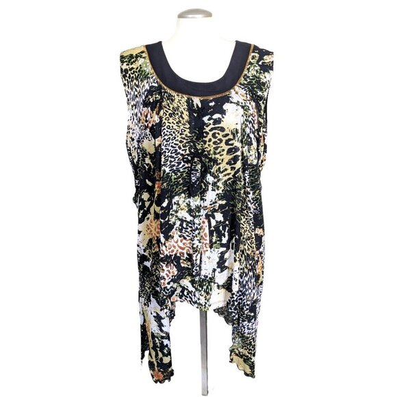 Womens Plus Size 3X Animal Print Brown Layered Lagenlook Top Blouse Lace Up Neck - Picture 1 of 7